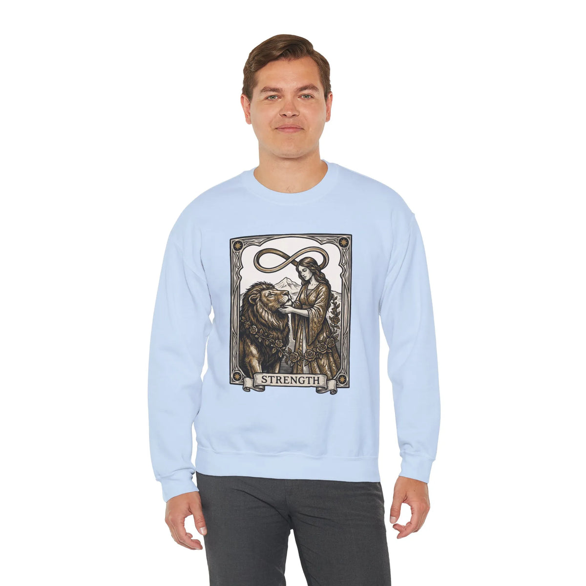 Strength Tarot Card Sweatshirt - Heavy Blend Crewneck Fleece - Unisex White