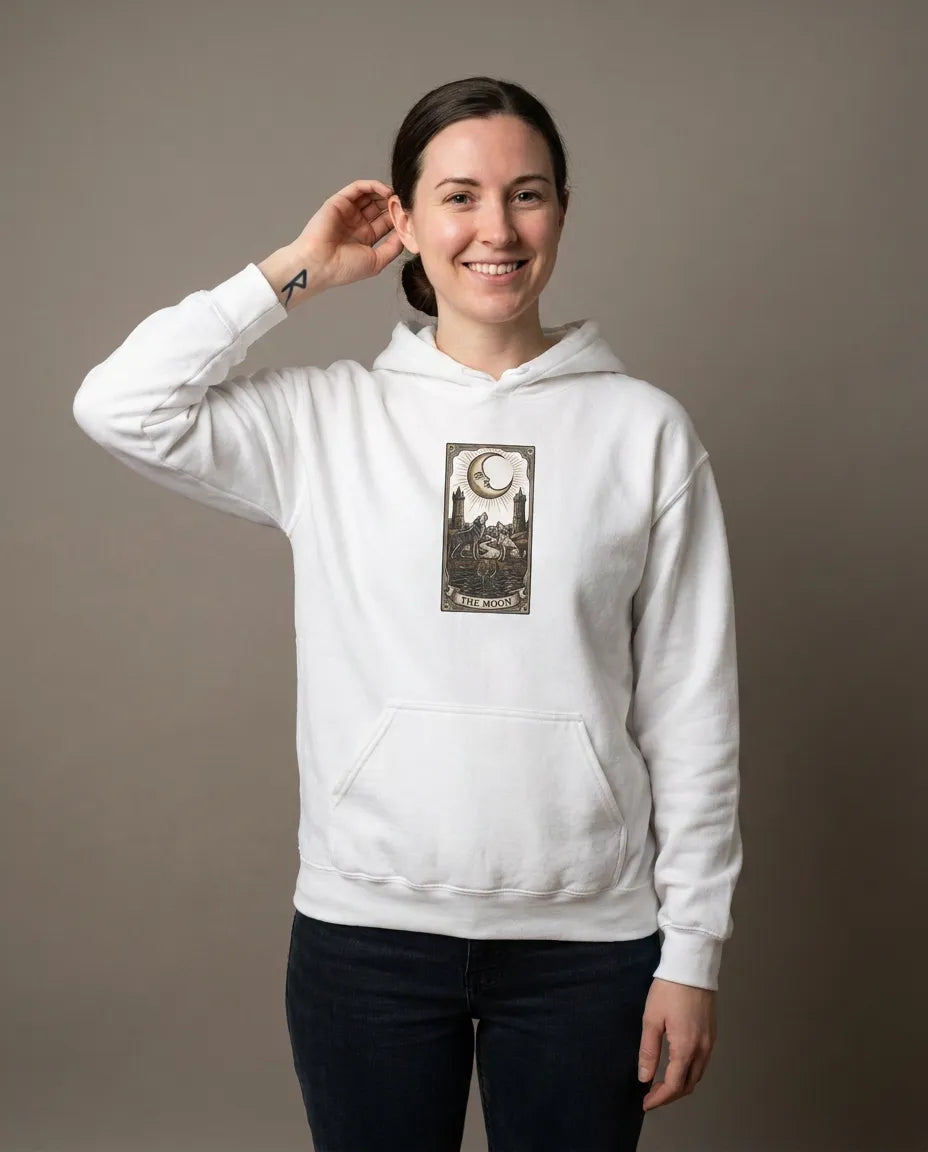 Moon Tarot Card Graphic Hoodie - Soft Fleece Blend Pullover - Unisex Ash
