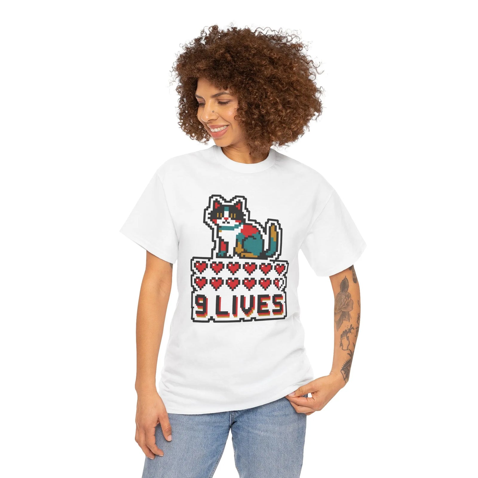 Nine Lives 8-Bit Pixel Gaming Cat T-Shirt - Heavy Cotton Classic Fit - Unisex White