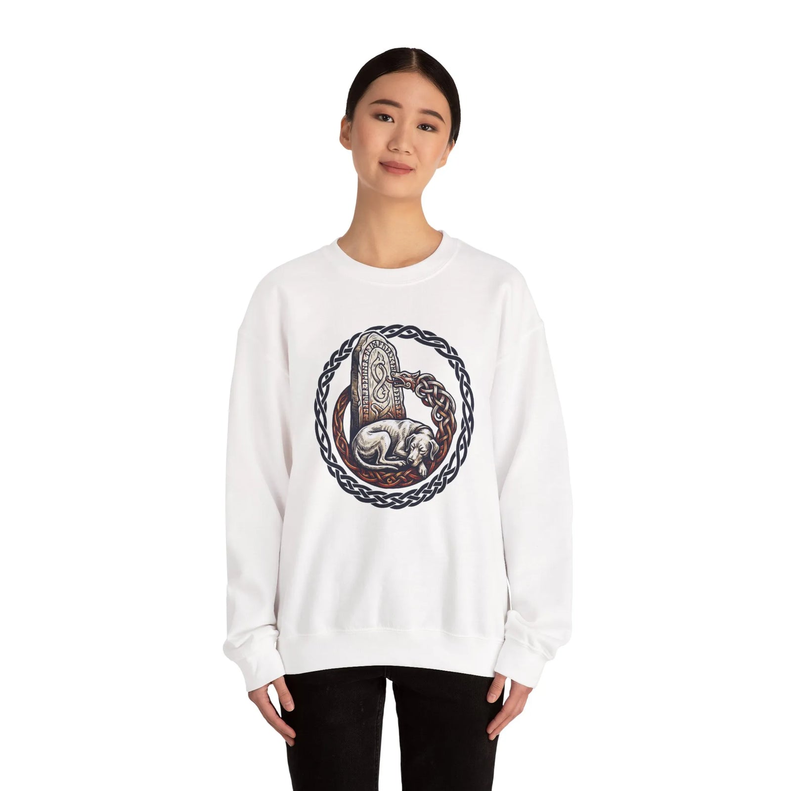 Norse Runestone Hound Odin's Wolves Sweatshirt - Medium-Heavy Cotton Blend Crewneck - Unisex White