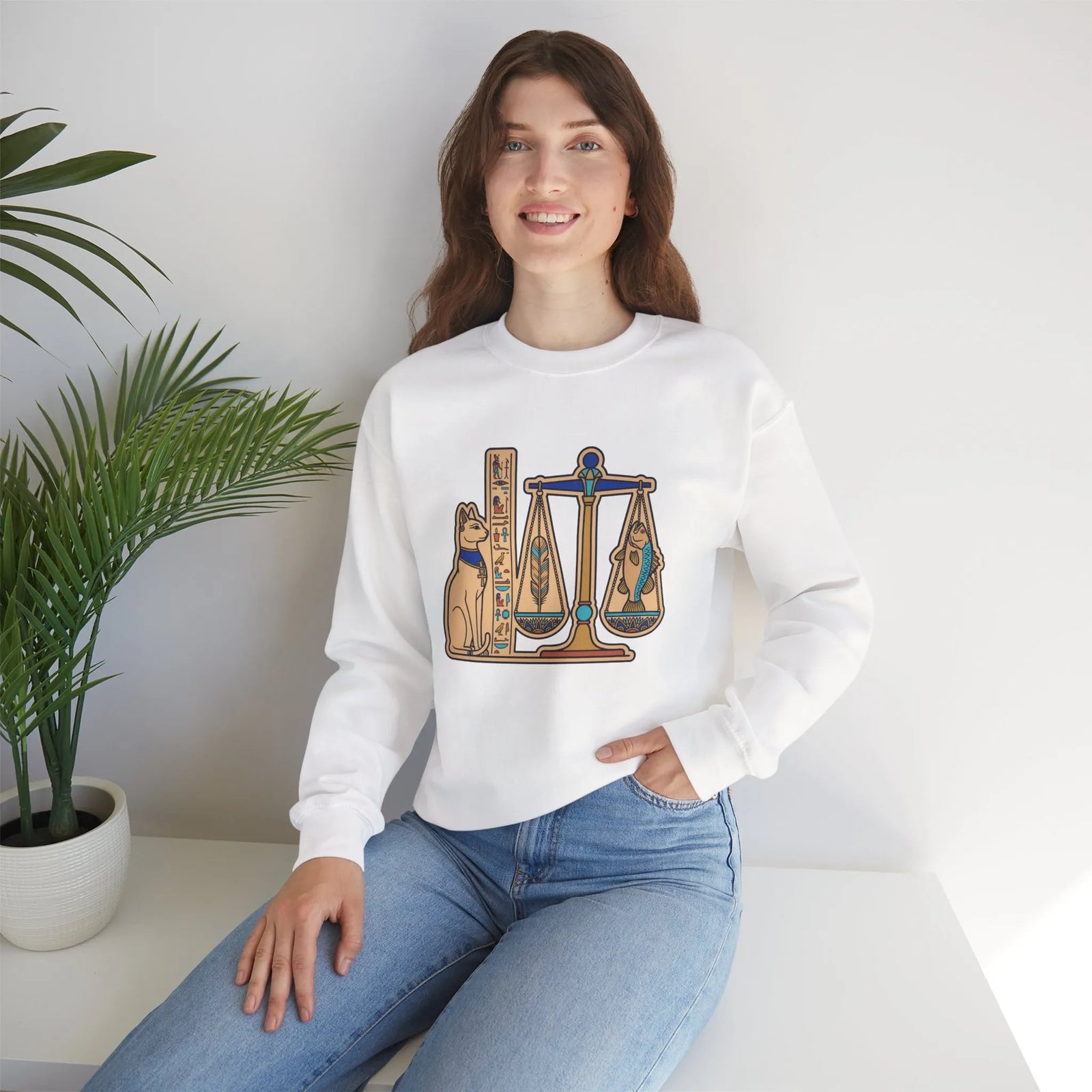 Egyptian Cat Scales Graphic Sweatshirt - Heavy Blend Fleece Crewneck - Unisex White