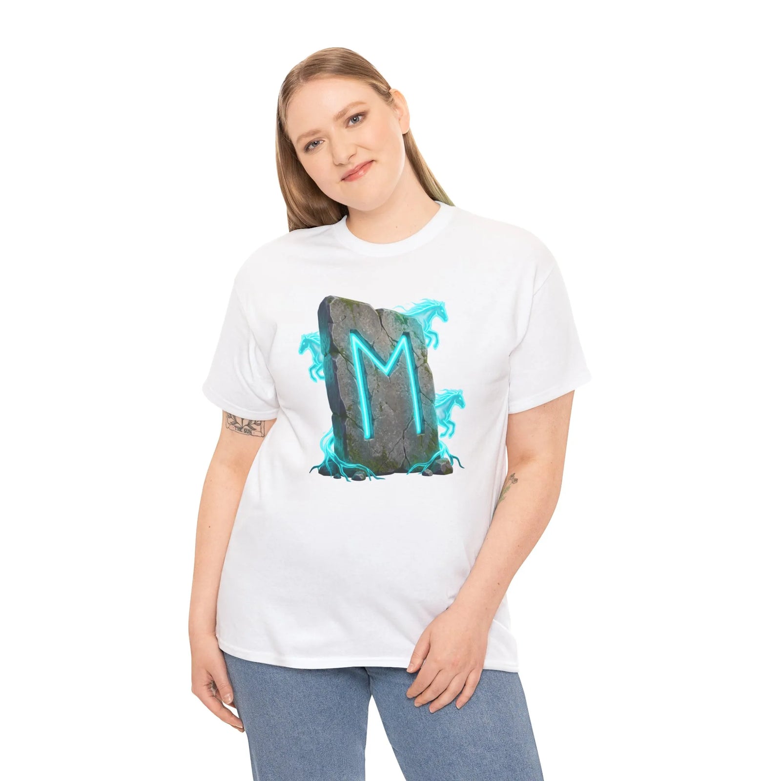 Ehwaz Rune Twin Horse T-Shirt - Heavyweight 100% Cotton Classic Tee - Unisex White