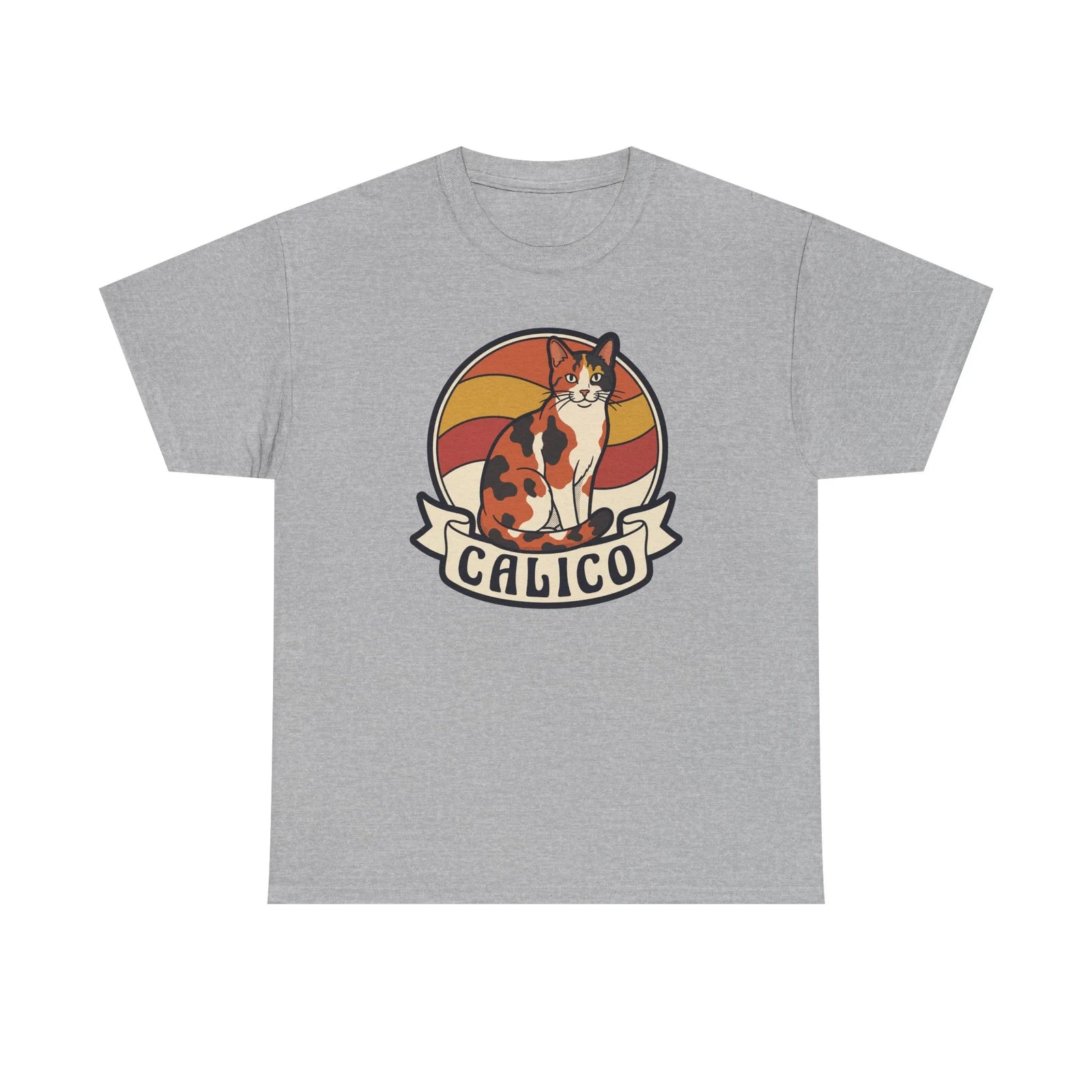Calico Cat Retro Sunset Graphic T-Shirt - Heavyweight Classic Fit Tee - Unisex White
