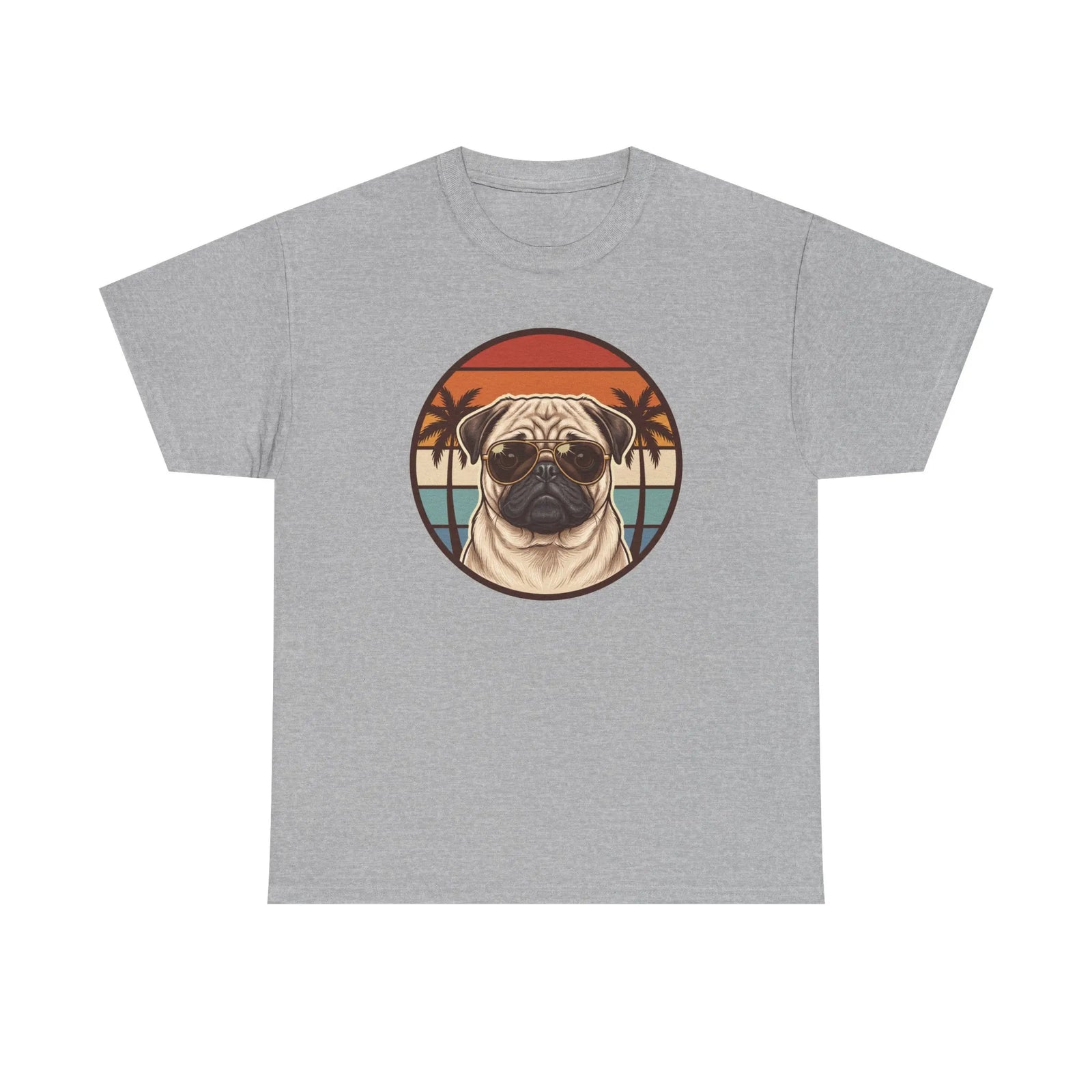 Pug Aviator 70s Sunset Graphic T-Shirt - Heavyweight Cotton Classic Fit Tee - Unisex White