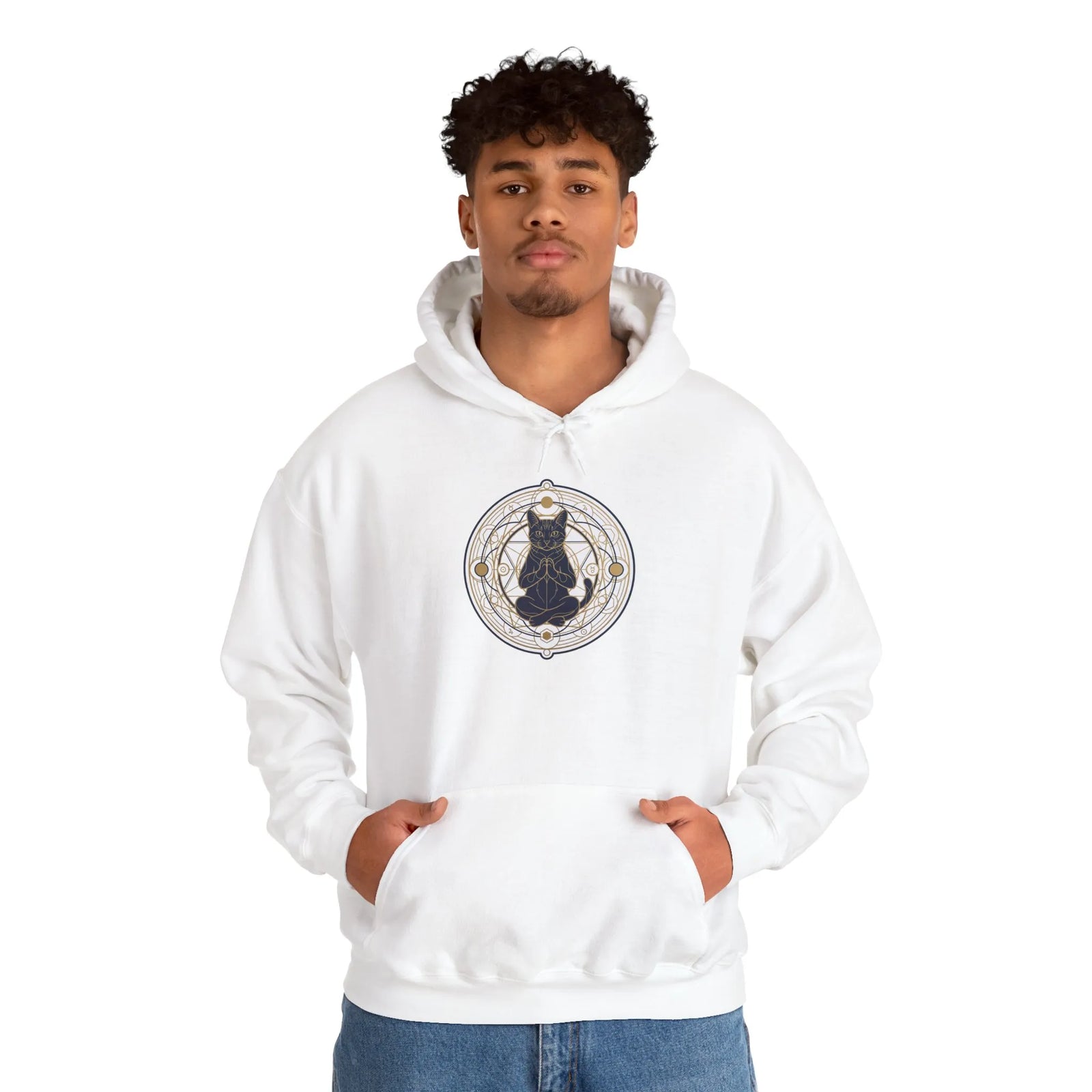 Meditating Cat Sacred Geometry Hoodie - Heavy Blend Fleece Pullover - Unisex White