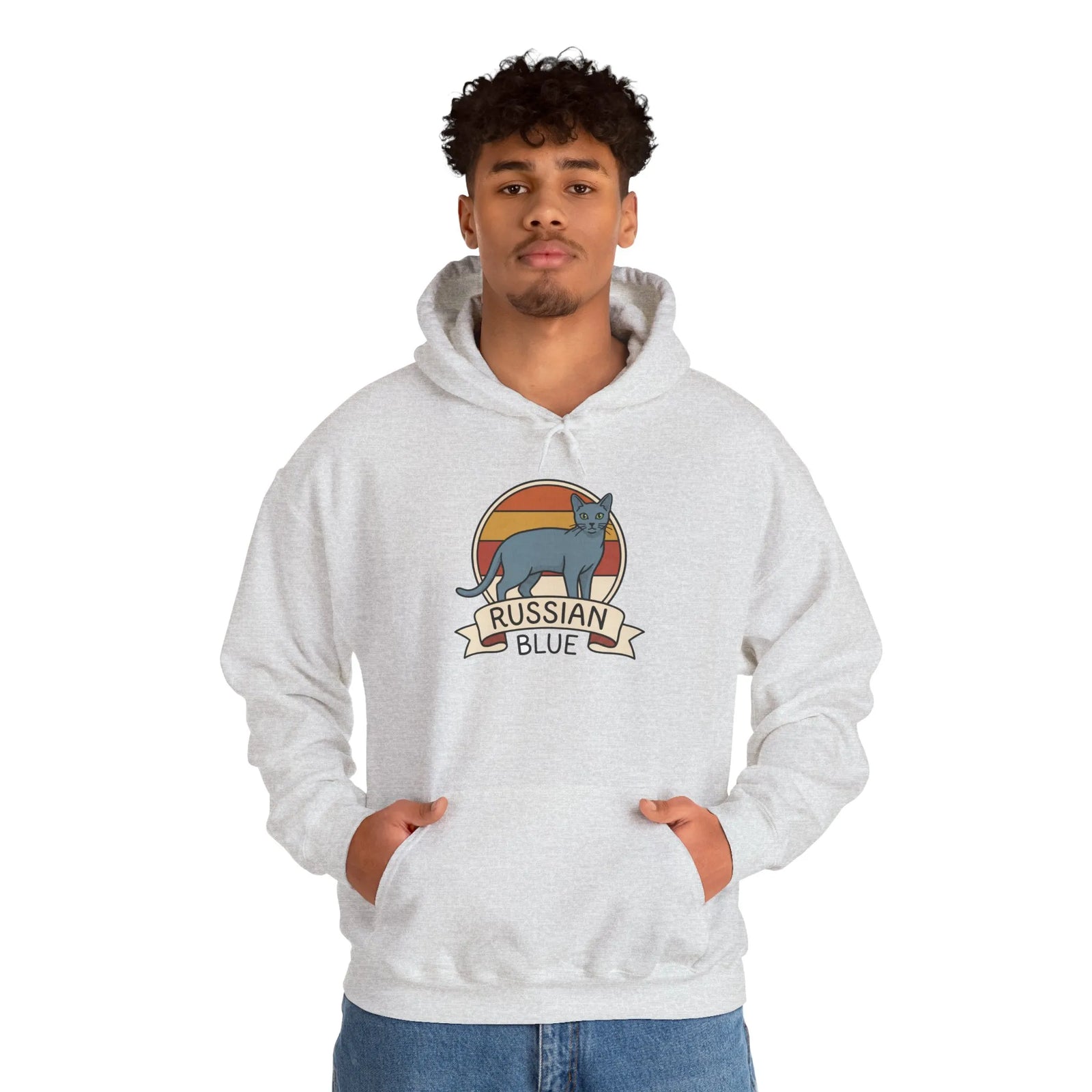 Russian Blue Cat Retro Sunset Hoodie - Heavy Blend Cotton Blend Pullover - Unisex White