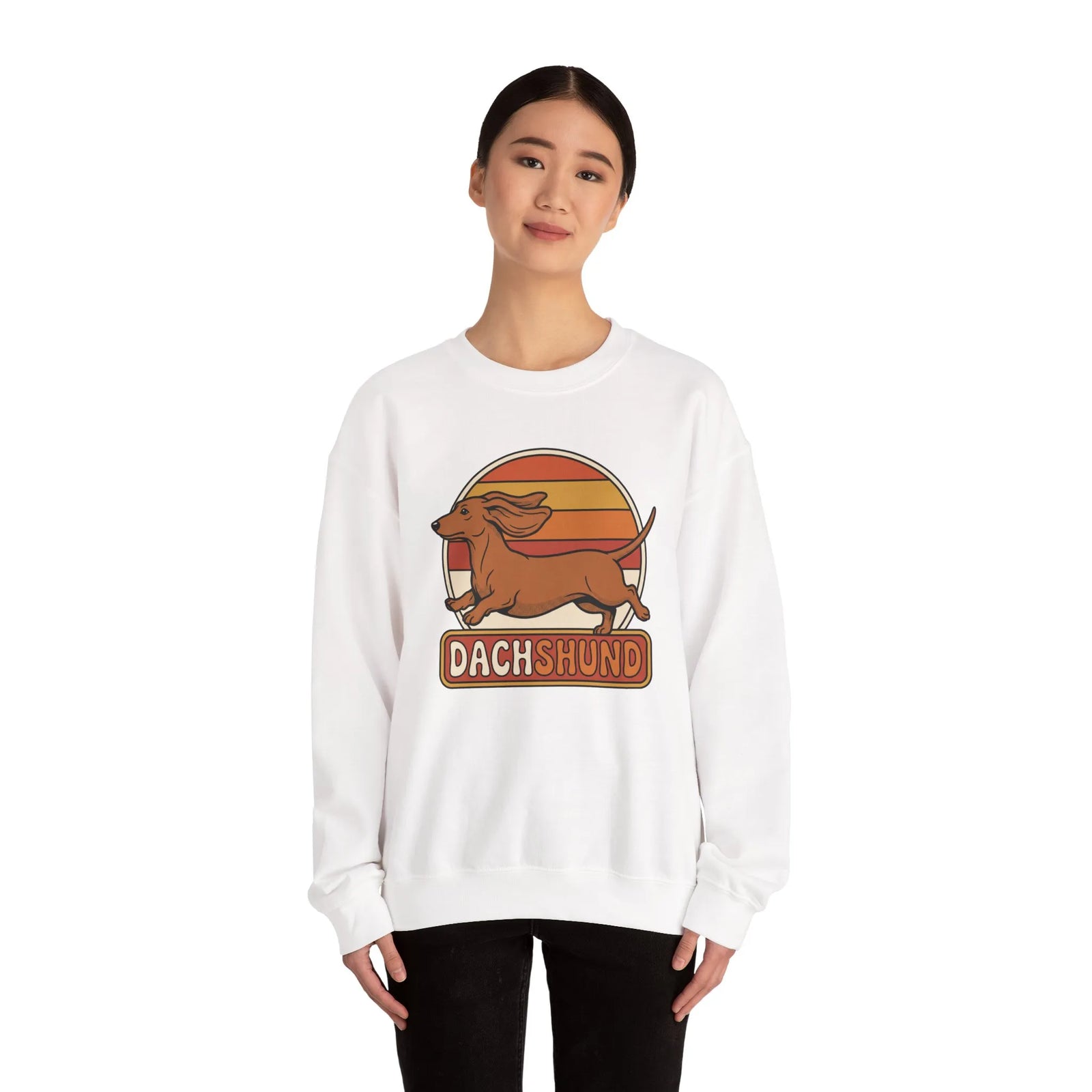 Retro 70s Sunset Dachshund Sweatshirt - Heavy Blend Cotton Blend Crewneck - Unisex White