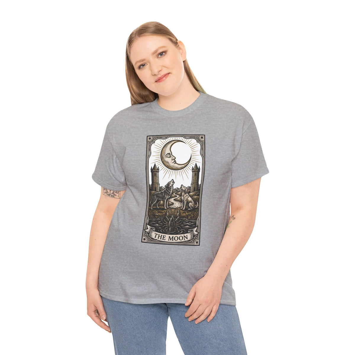 Moonlight Wolves Tarot Graphic T-Shirt - Heavy Cotton Classic Fit Crewneck - Unisex White
