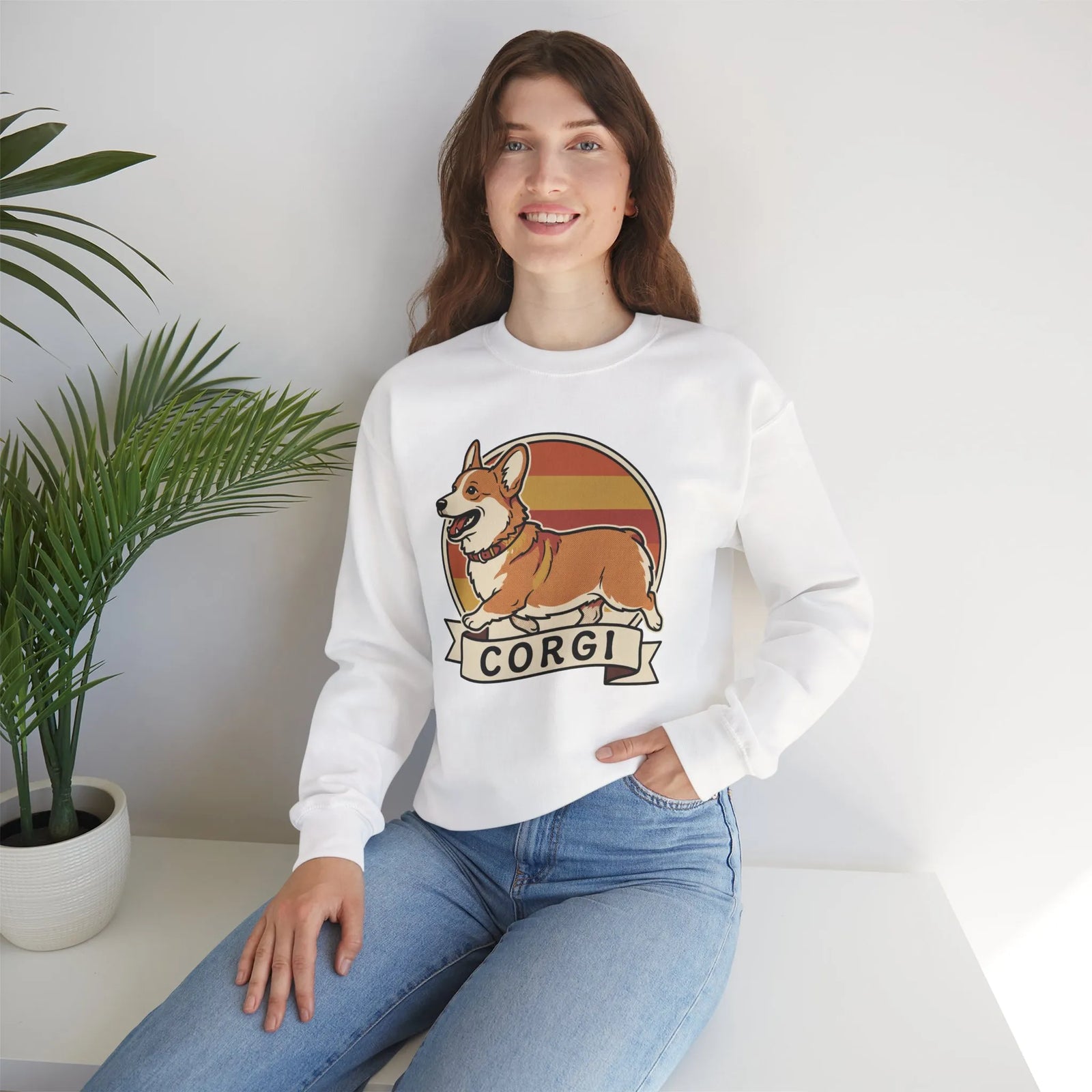 Retro 70s Sunset Corgi Sweatshirt - Classic Fit Cotton-Poly Crewneck - Unisex White