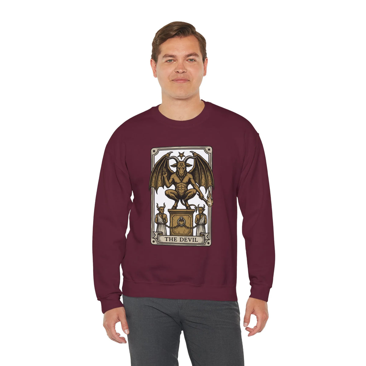 Devil Tarot Card Graphic Sweatshirt - Heavy Blend Fleece Crewneck - Unisex White