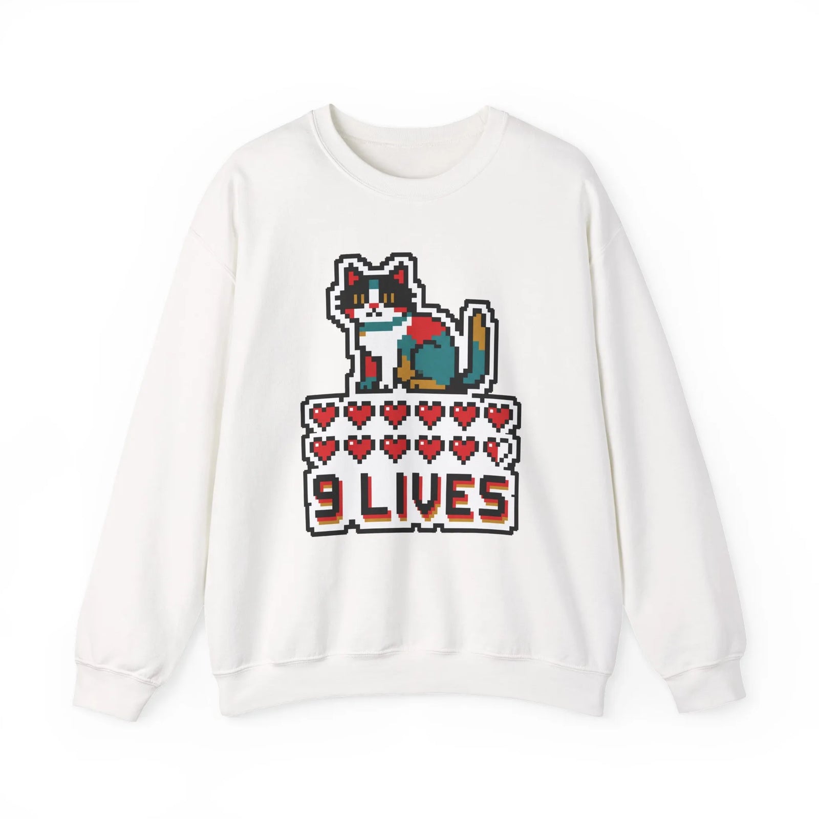 Nine Lives 8-Bit Pixel Gaming Cat Sweatshirt - Heavy Blend Fleece Crewneck - Unisex White