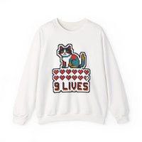 Nine Lives 8-Bit Pixel Gaming Cat Sweatshirt - Heavy Blend Fleece Crewneck - Unisex White