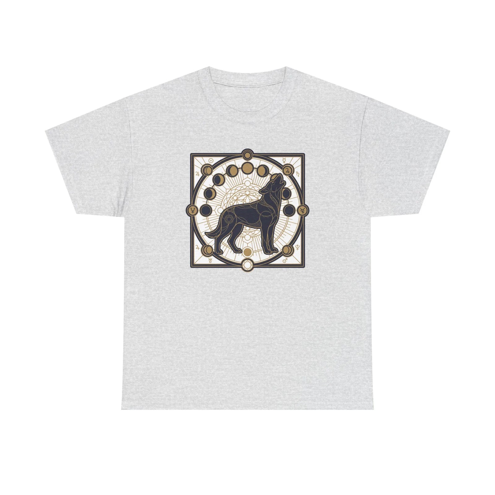 Sacred Geometry Spirit Dog Howl T-Shirt - Heavyweight Cotton Classic Fit Tee - Unisex White