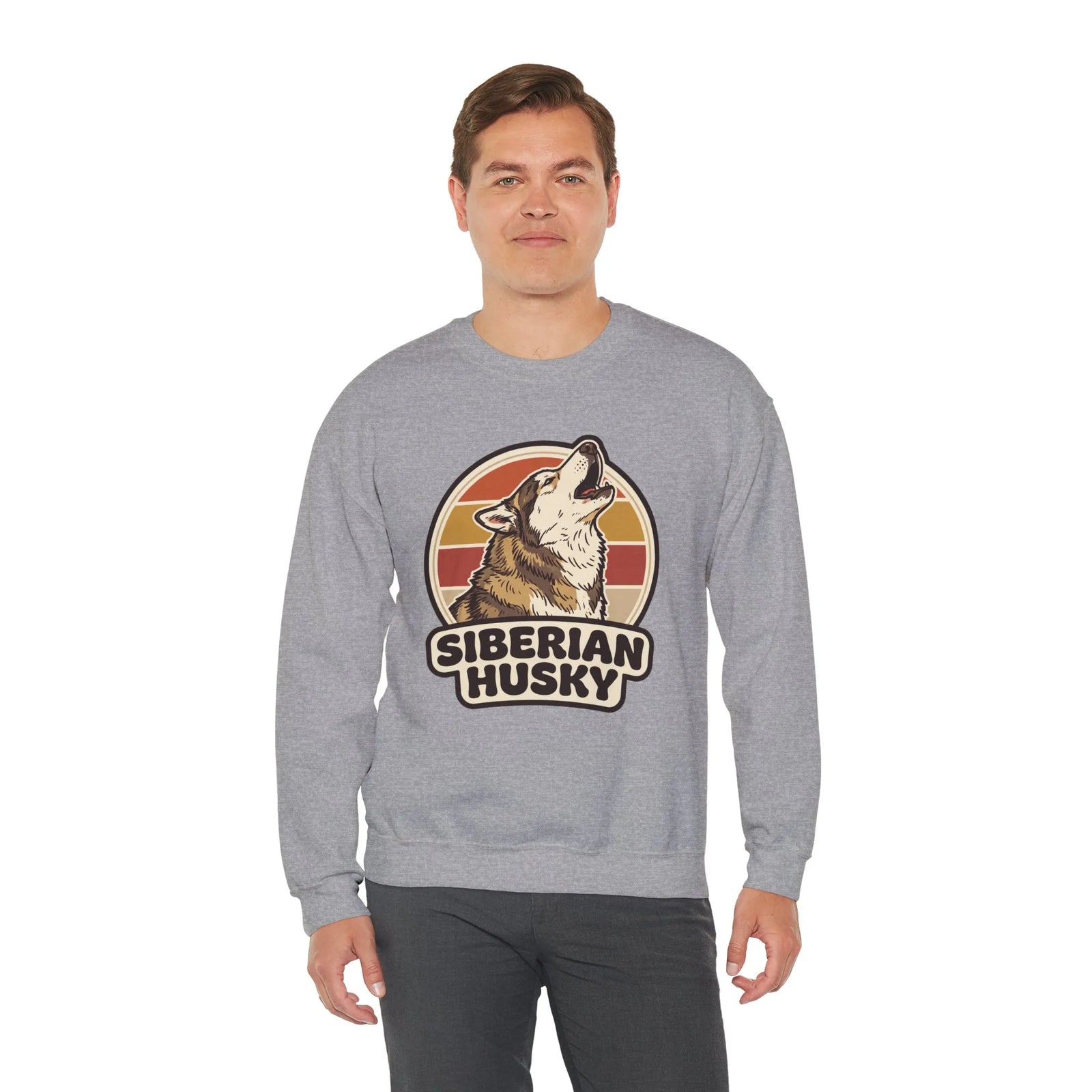 Siberian Husky Retro Sunset Sweatshirt - Heavy Blend Fleece Crewneck - Unisex White