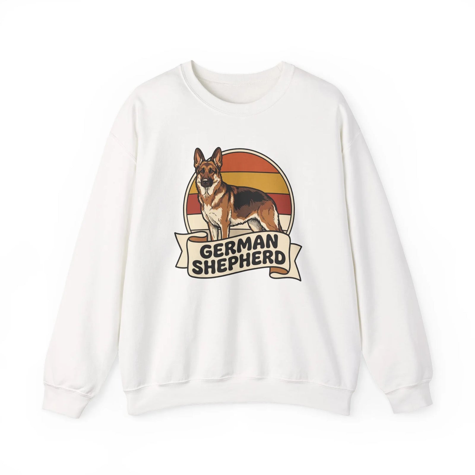 German Shepherd Retro 70s Sunset Sweatshirt - Heavy Blend Cotton Blend Crewneck - Unisex White