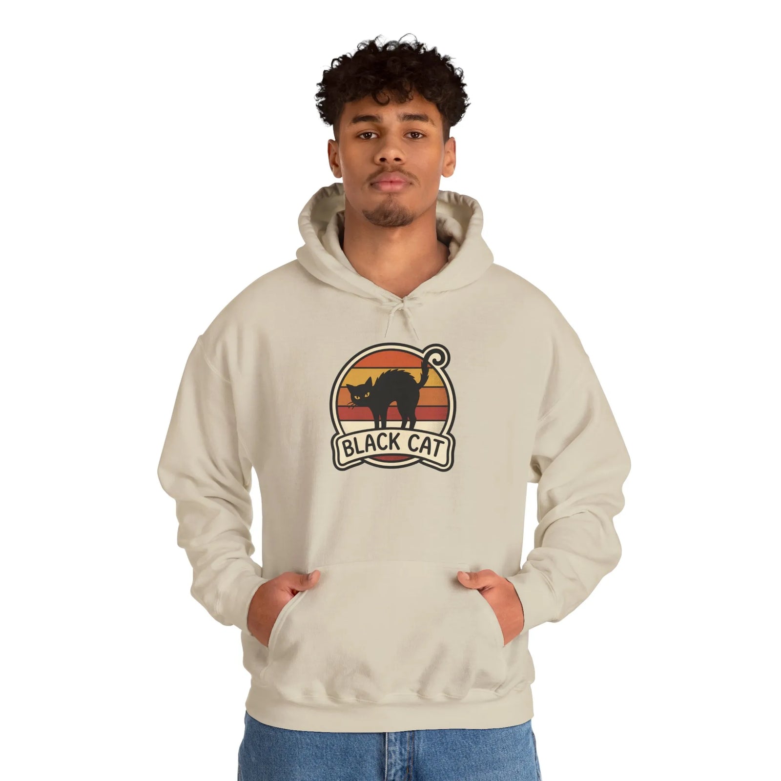Black Cat Retro Sunset Hoodie - Heavy Blend Cotton-Poly Fleece - Unisex White