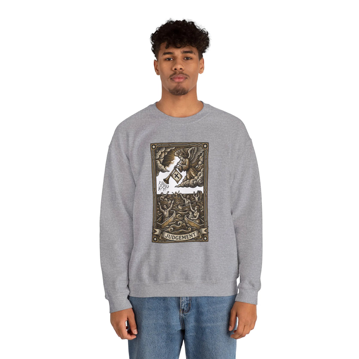 Judgement Tarot Card Graphic Sweatshirt - Heavy Blend Classic Fit Crewneck - Unisex White