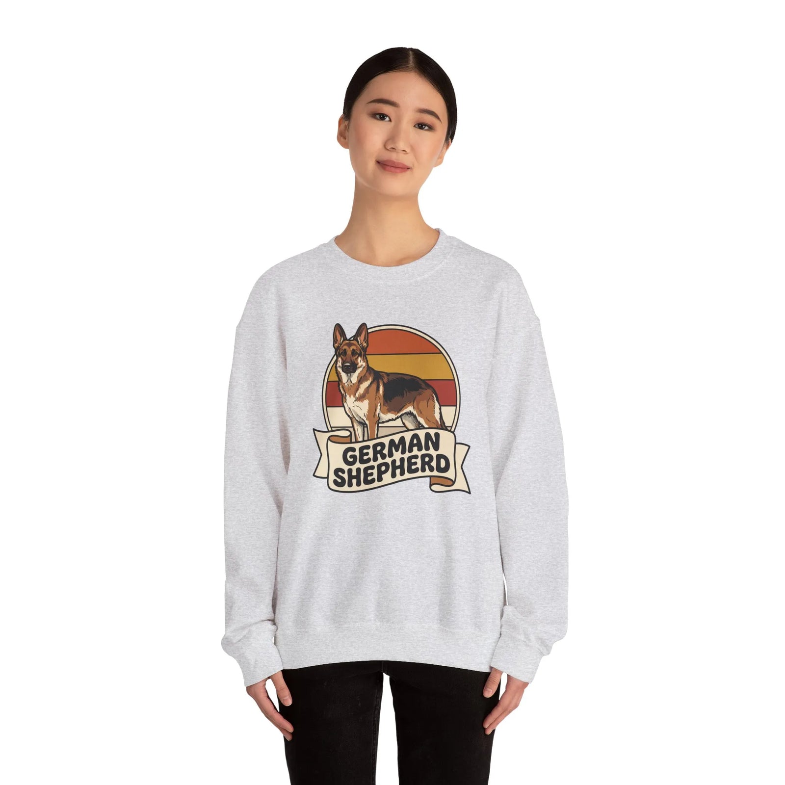 German Shepherd Retro 70s Sunset Sweatshirt - Heavy Blend Cotton Blend Crewneck - Unisex White
