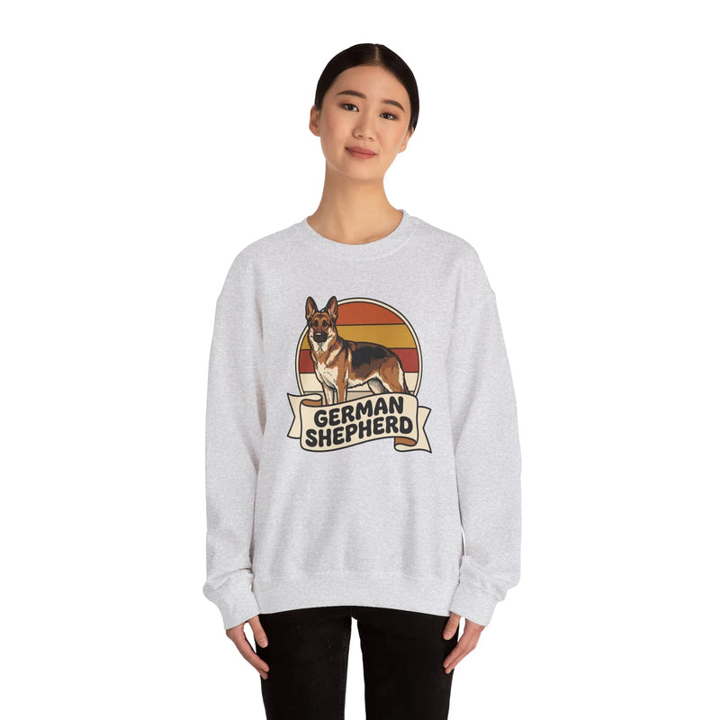 German Shepherd Retro 70s Sunset Sweatshirt - Heavy Blend Cotton Blend Crewneck - Unisex White