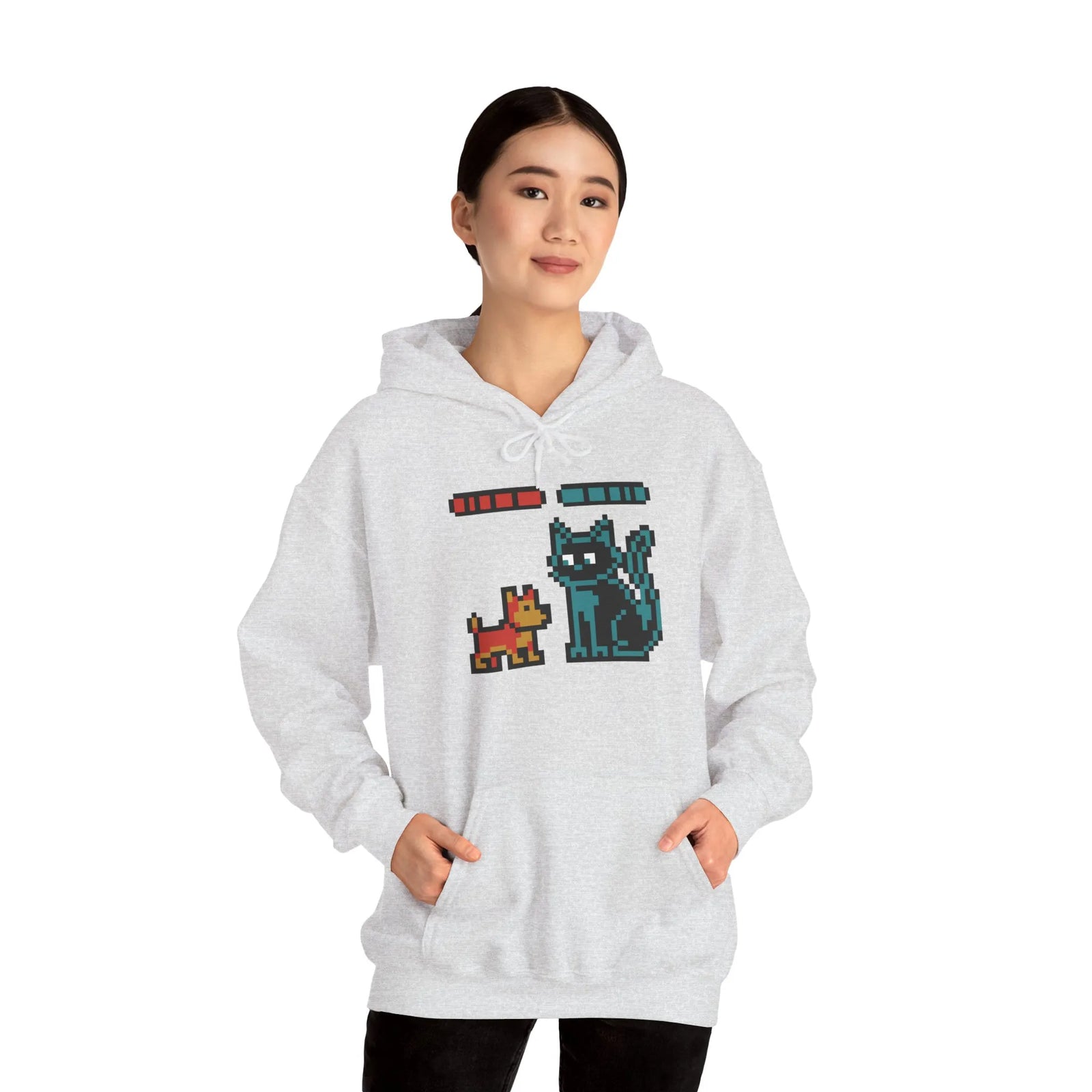 Boss Fight 8-Bit Pixel Gaming Dogs Hoodie - Medium Weight Cotton Blend Pullover - Unisex White