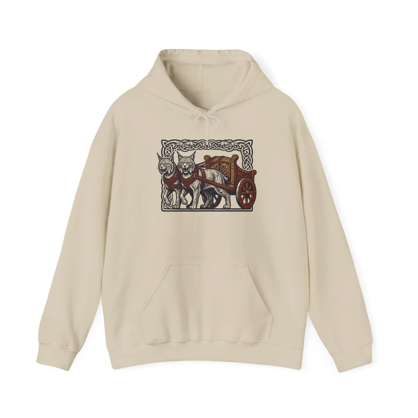 Freyja's Sacred Cats Chariot Graphic Hoodie - Cozy Fleece Pullover Hoodie - Unisex Off White