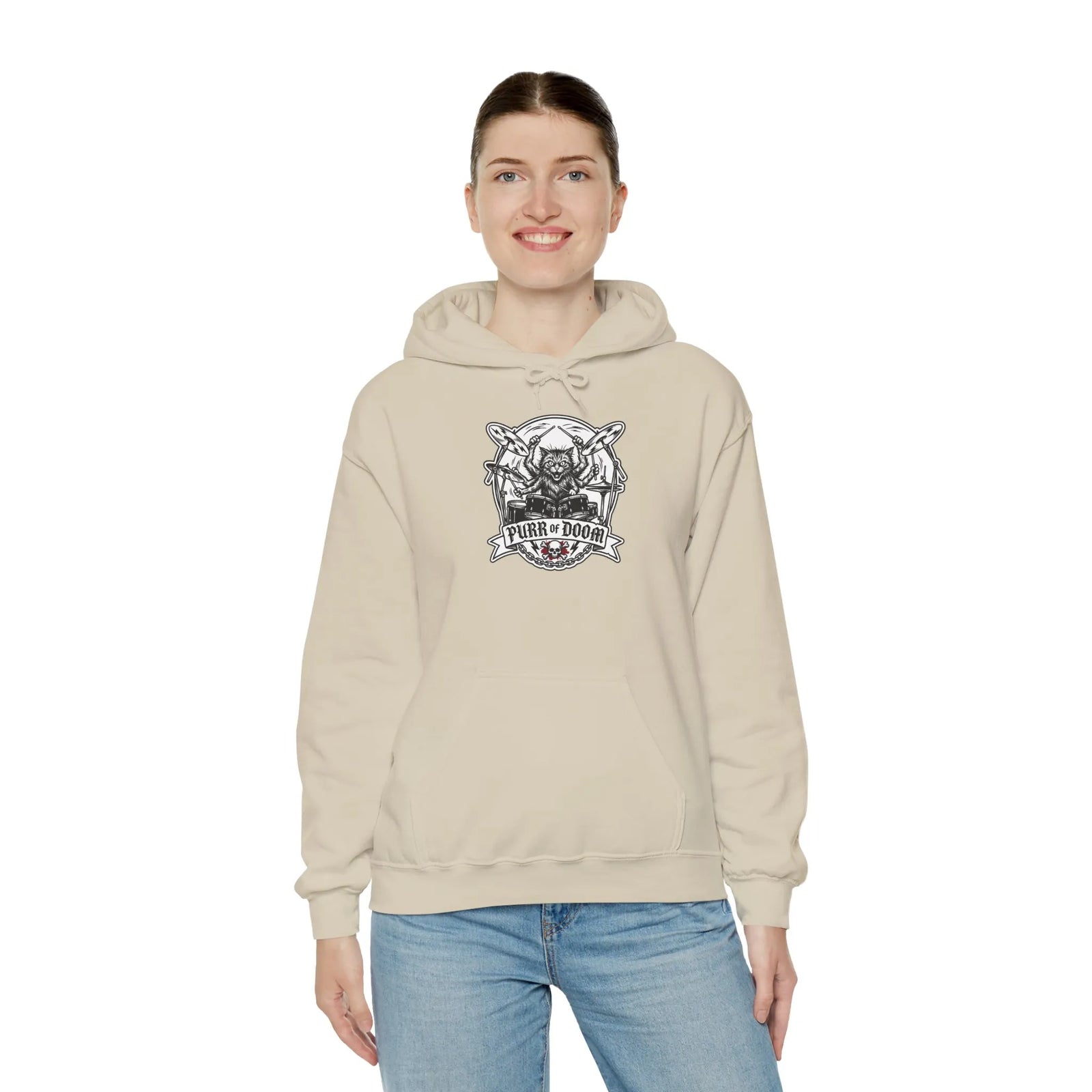 Drummer Heavy Metal Rocker Cats Hoodie - Classic Fit Heavy Blend Fleece - Unisex White