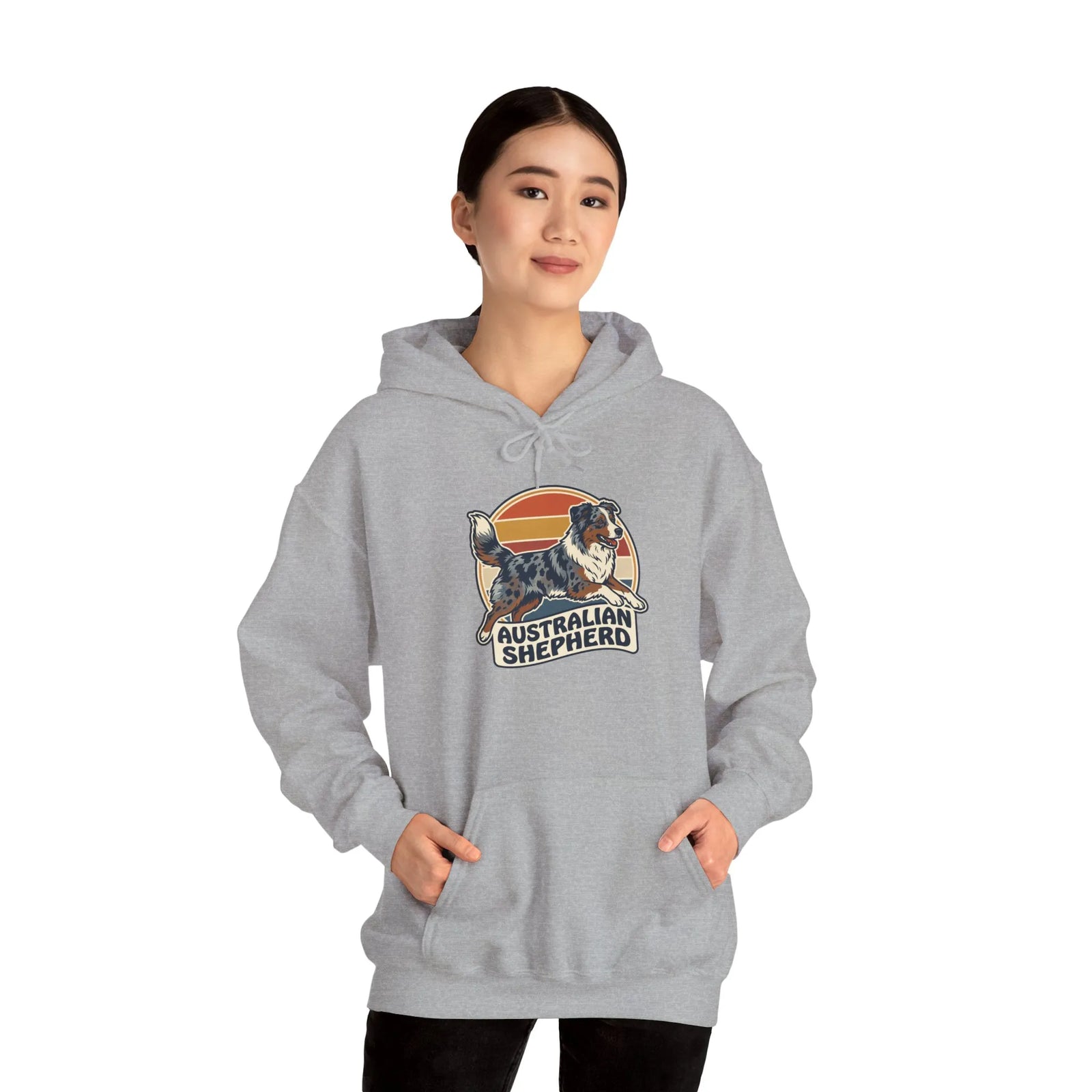 Australian Shepherd Retro 70s Sunset Hoodie - Heavy Blend Fleece Pullover - Unisex White