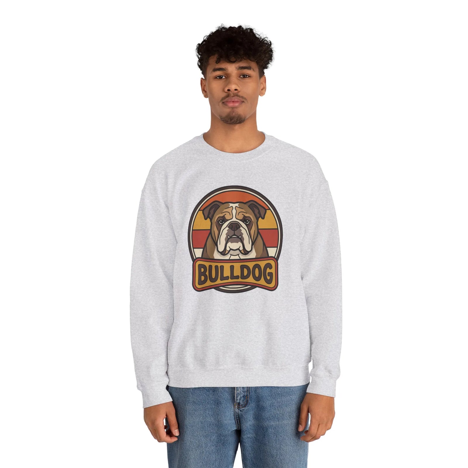 Retro 70s Sunset Bulldog Sweatshirt - Heavy Blend Cotton-Poly Crewneck - Unisex White