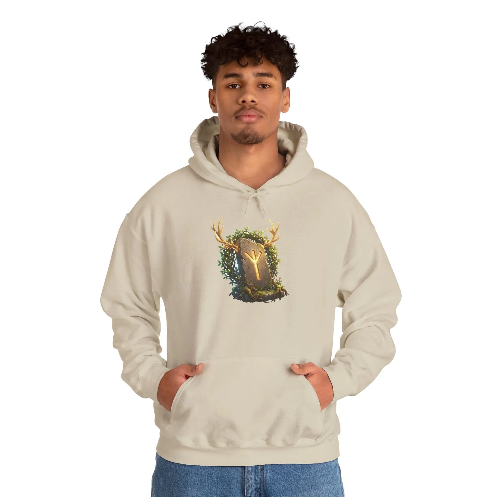 Elhaz Protection Rune Antler Hoodie - Heavy Blend Cotton Blend Pullover - Unisex White