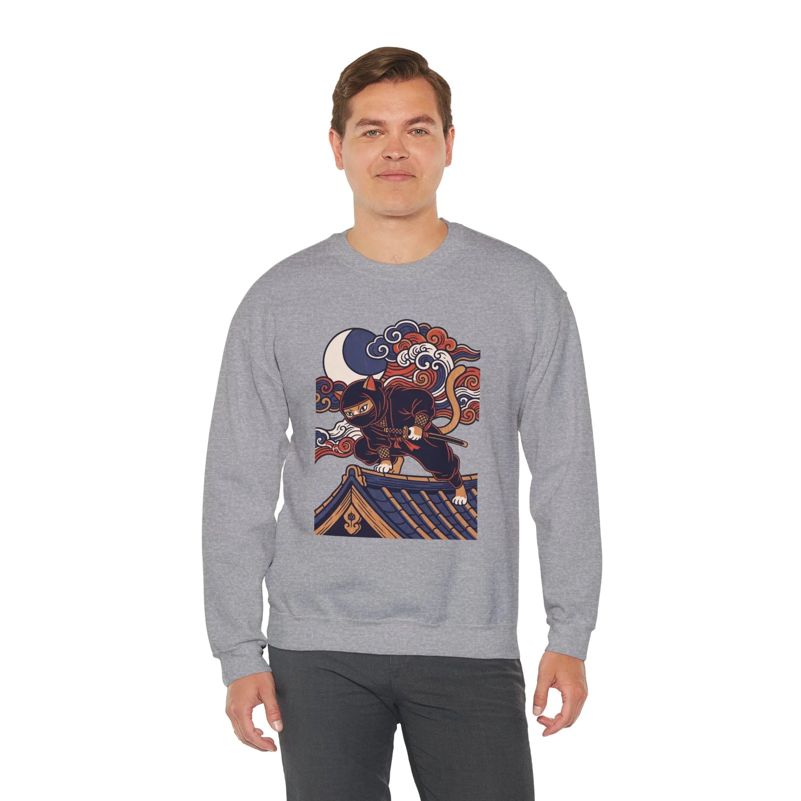 Ninja Cat Ukiyo-e Samurai Sweatshirt - Soft Heavyweight Fleece Crewneck - Unisex White
