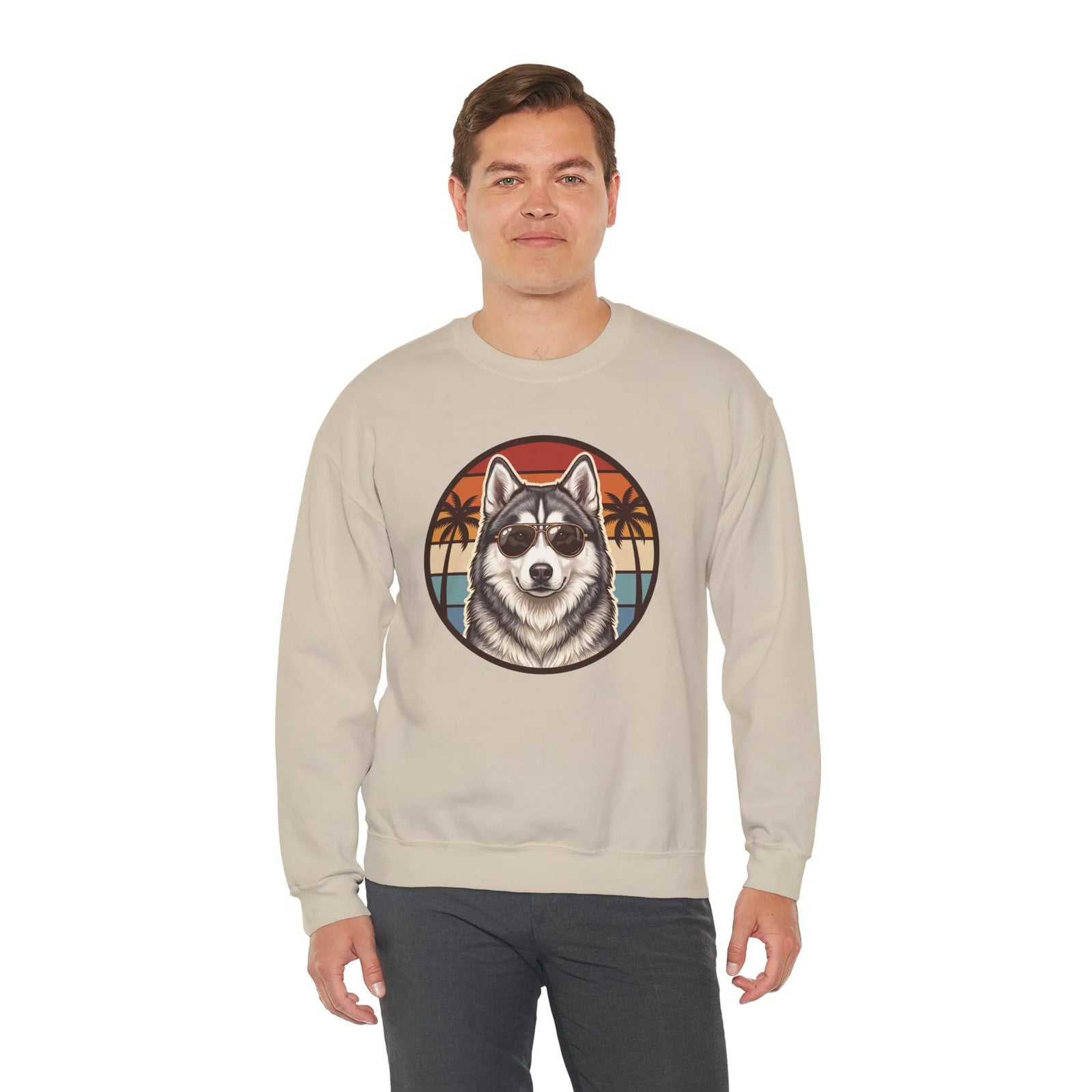 Siberian Husky 70s Sunset Aviators Sweatshirt - Heavyweight Cotton Blend Crewneck - Unisex White
