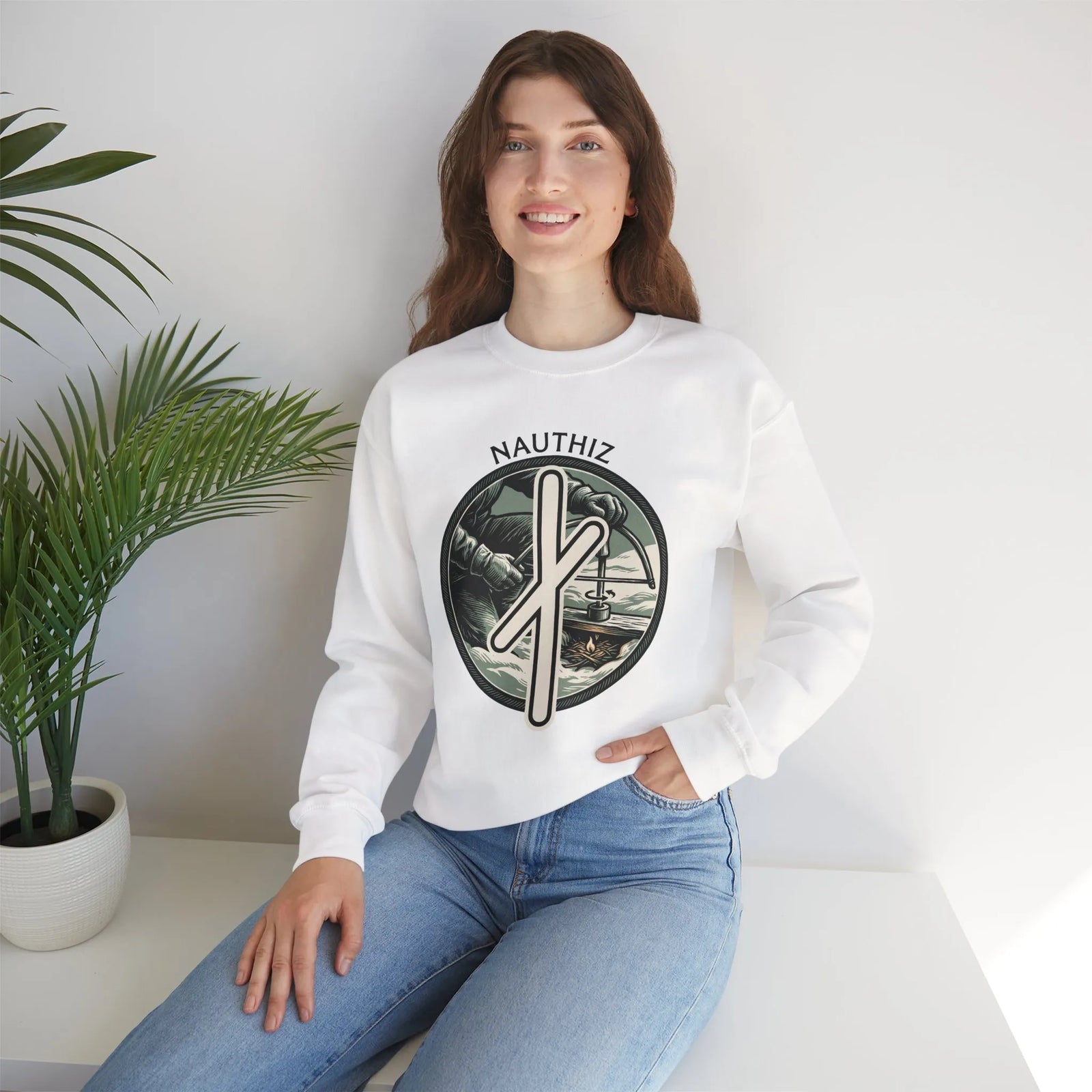 Nauthiz Rune Need-Fire Sweatshirt - Heavy Blend Fleece Crewneck - Unisex White