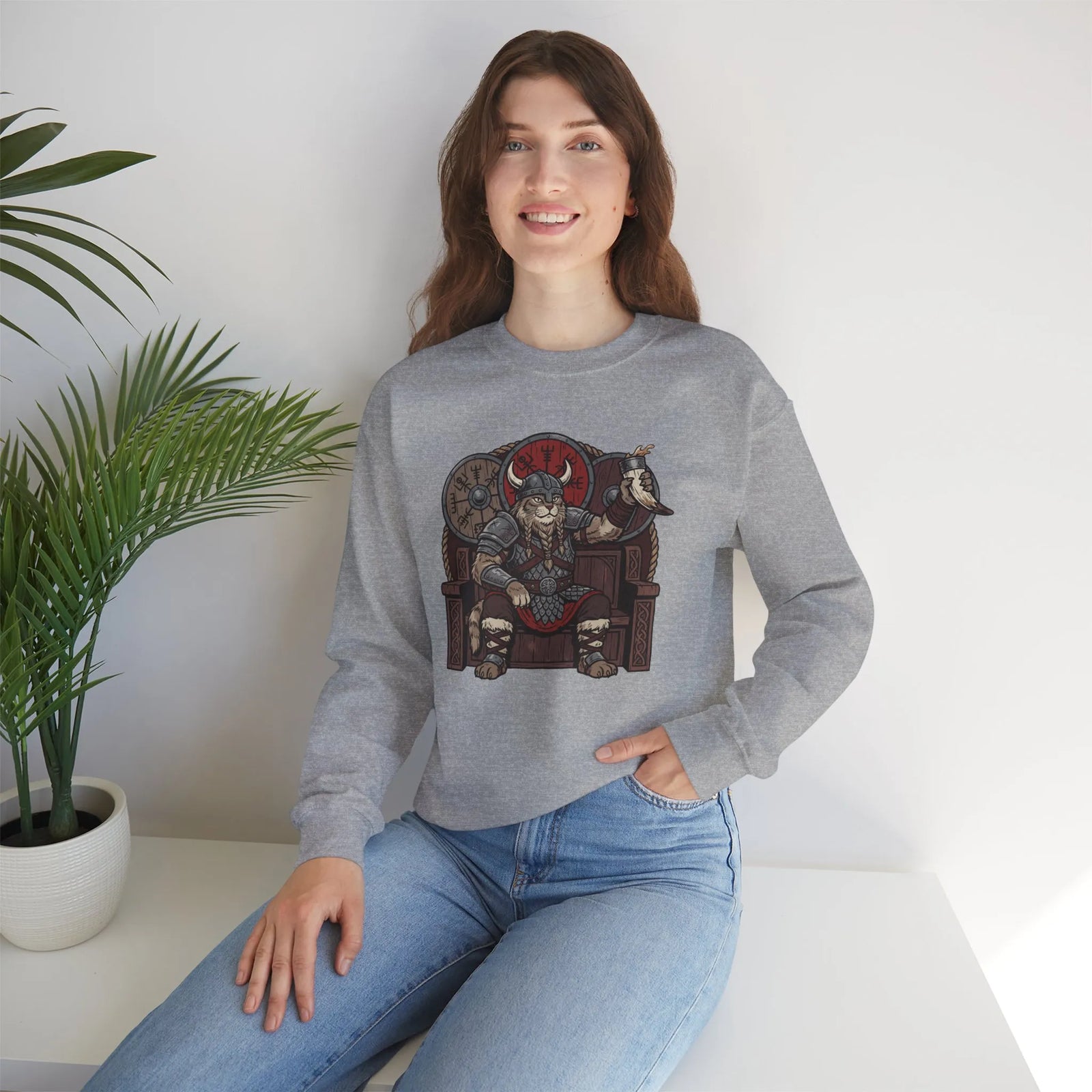 Viking Berserker Cats Graphic Sweatshirt - Heavy Blend Classic Fit Crewneck - Unisex White
