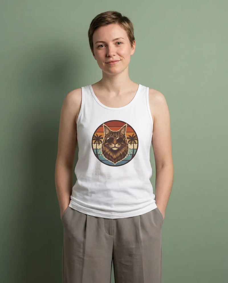 Maine Coon Cat 70s Sunset Aviators Tank Top - Lightweight Retail Fit Cotton Jersey - Unisex Athletic Heather