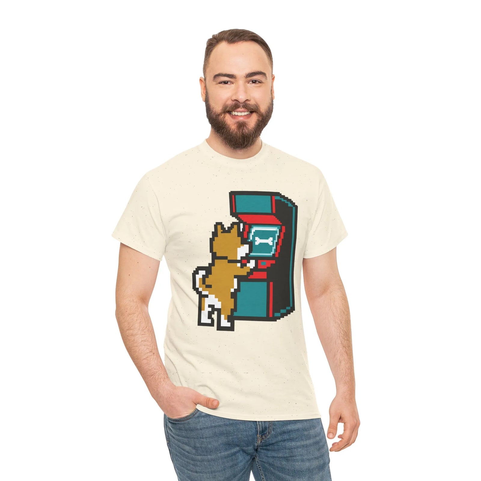 8-Bit Pixel Gaming Dog T-Shirt - Heavyweight Cotton Classic Fit Tee - Unisex White