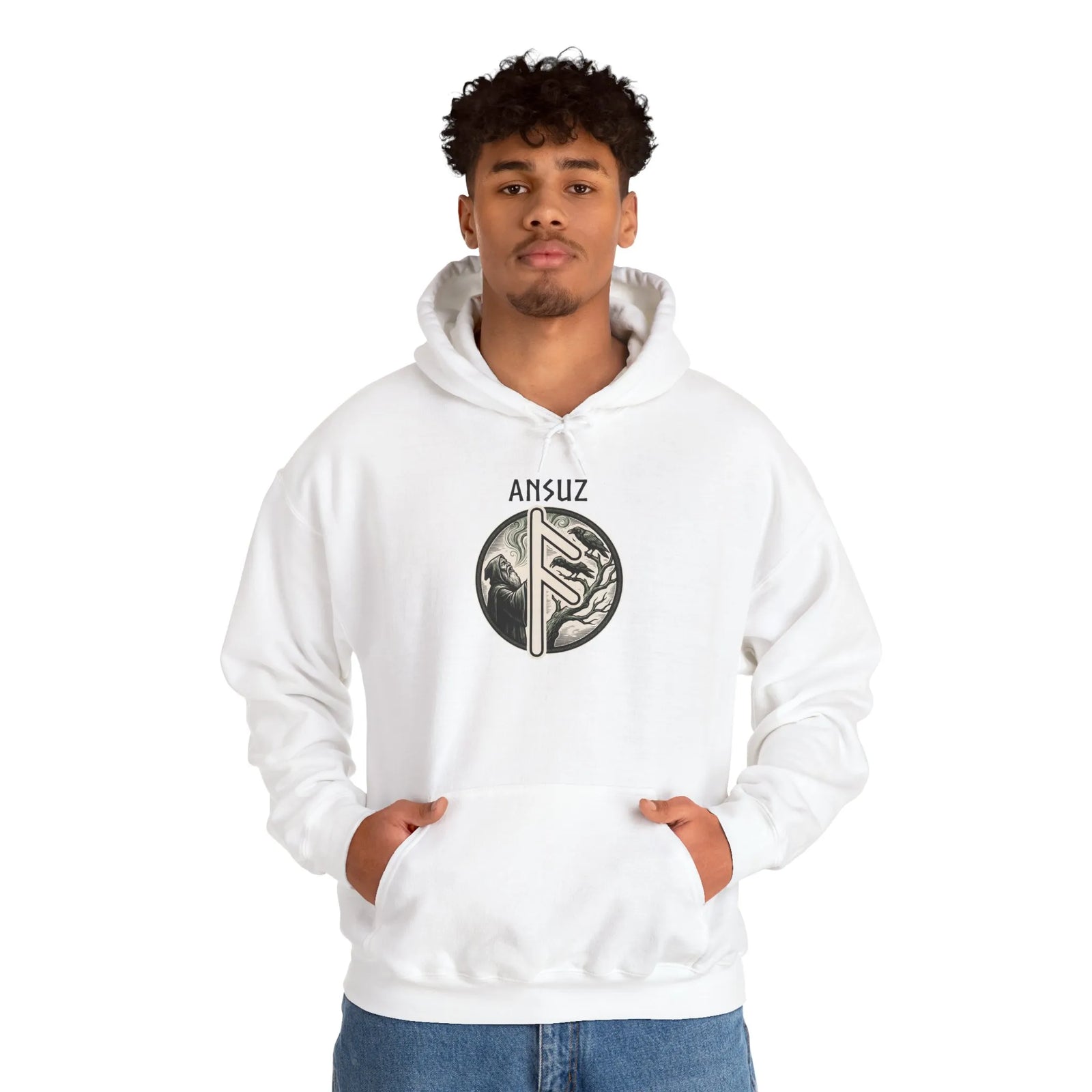 Ansuz Rune Norse Wisdom Graphic Hoodie - Heavy Blend Cotton-Poly Pullover - Unisex White