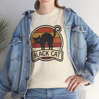 Black Cat Retro Sunset T-Shirt - Heavyweight 100% Cotton Classic Tee - Unisex White