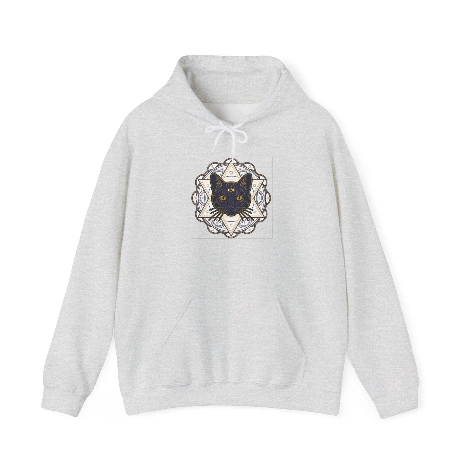 Third Eye Sacred Geometry Alchemist Cat Hoodie - Heavy Blend Fleece Pullover - Unisex White