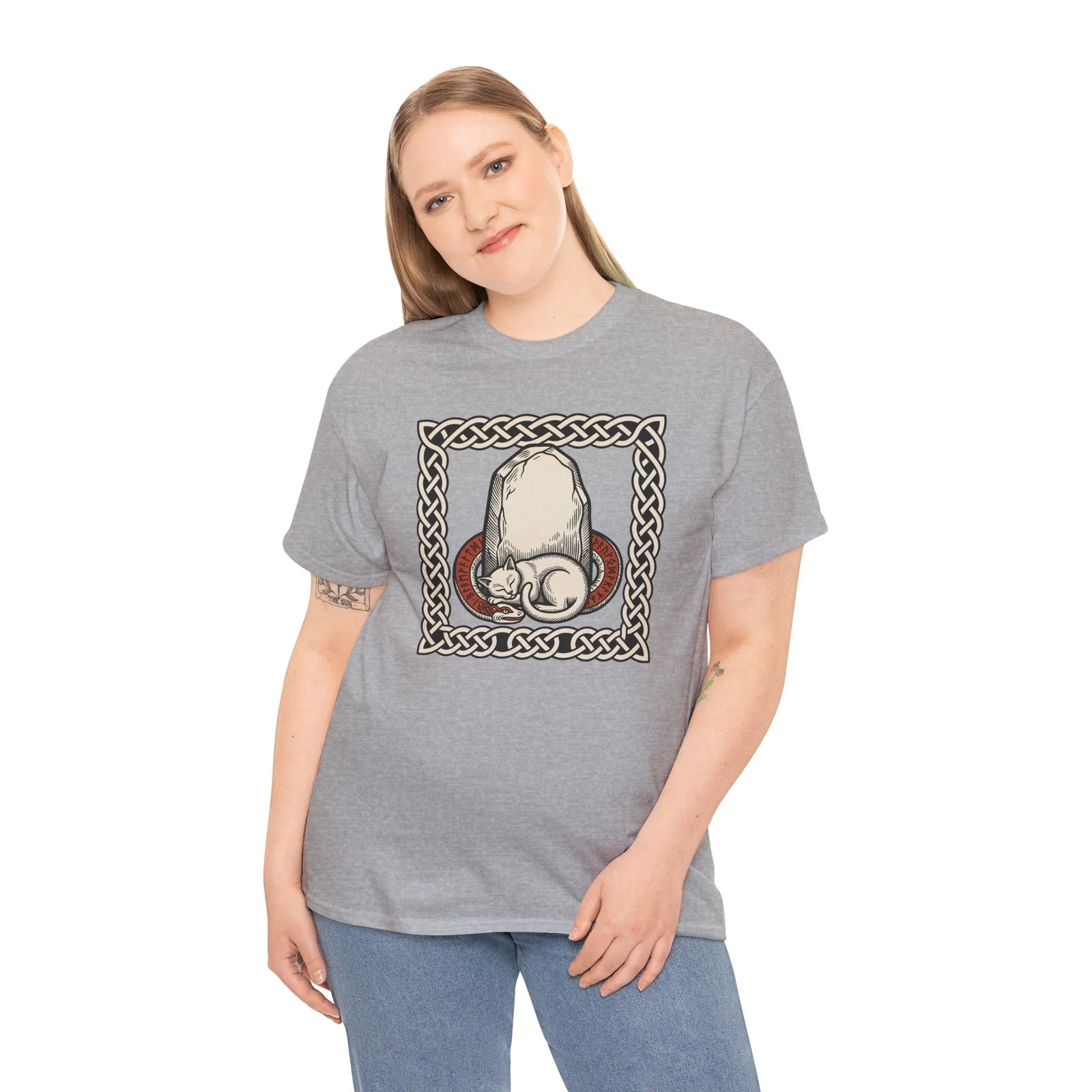 Freyja's Sacred Cat Runestone T-Shirt - Heavy Cotton Classic Fit Tee - Unisex White