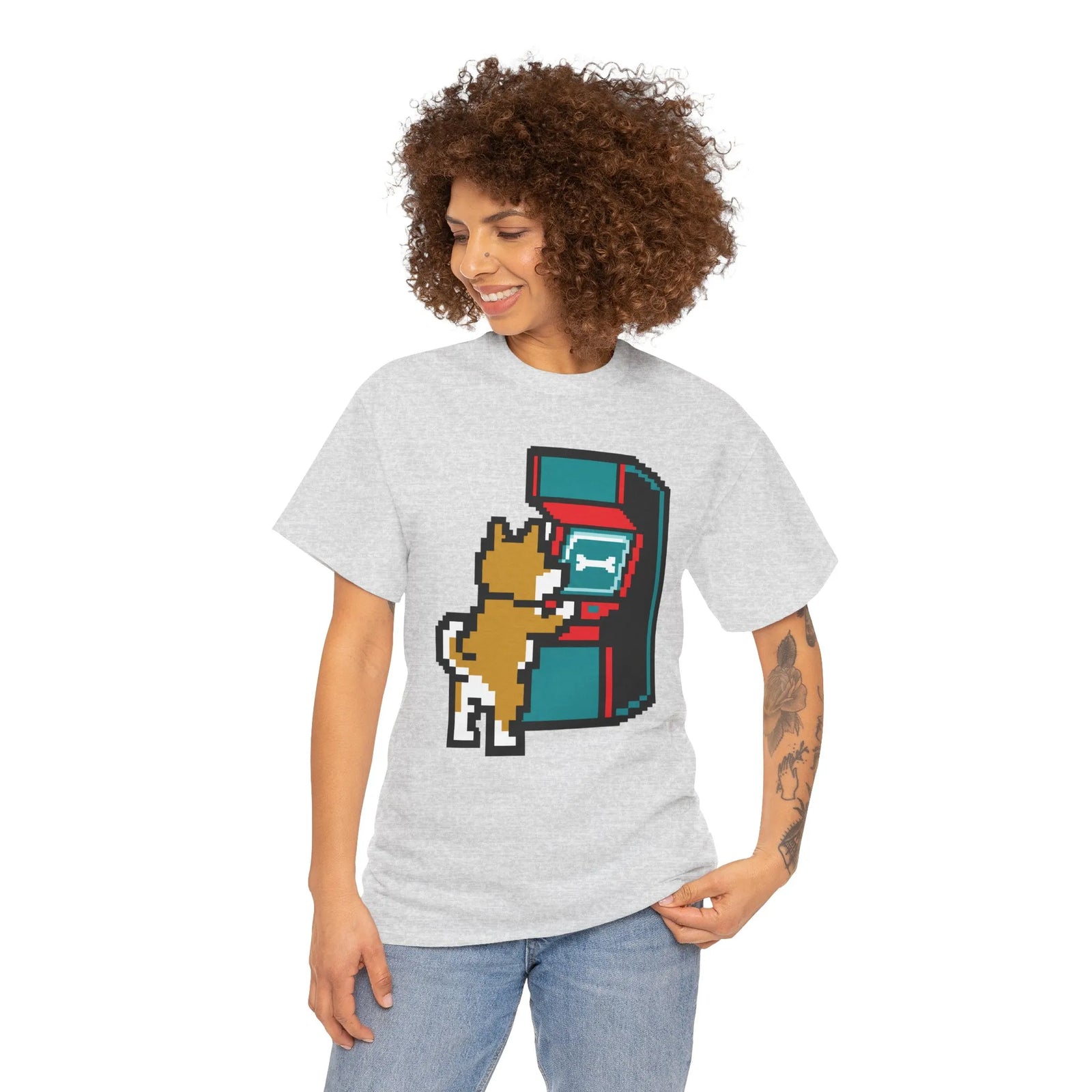 8-Bit Pixel Gaming Dog T-Shirt - Heavyweight Cotton Classic Fit Tee - Unisex White