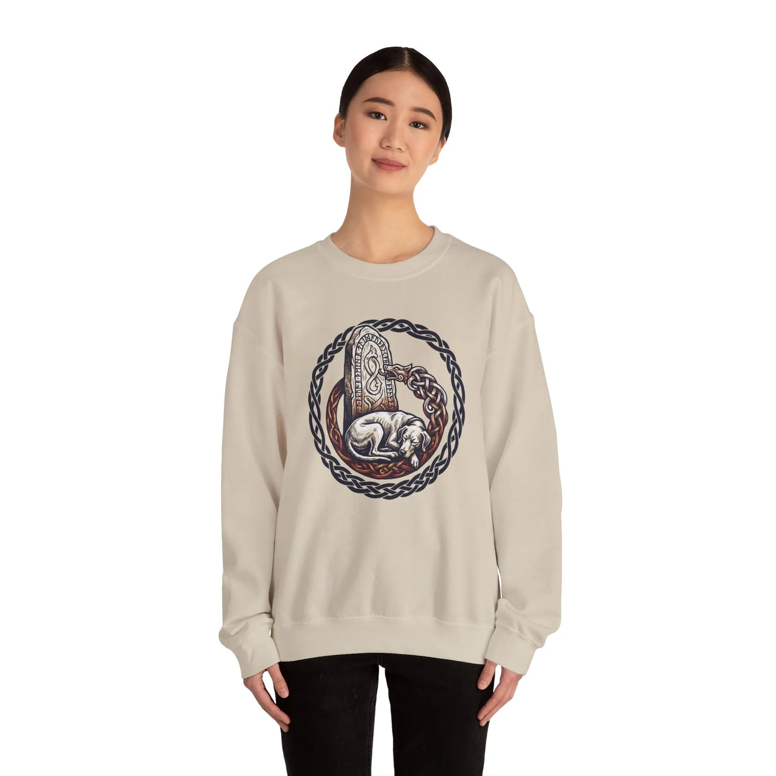 Norse Runestone Hound Odin's Wolves Sweatshirt - Medium-Heavy Cotton Blend Crewneck - Unisex White