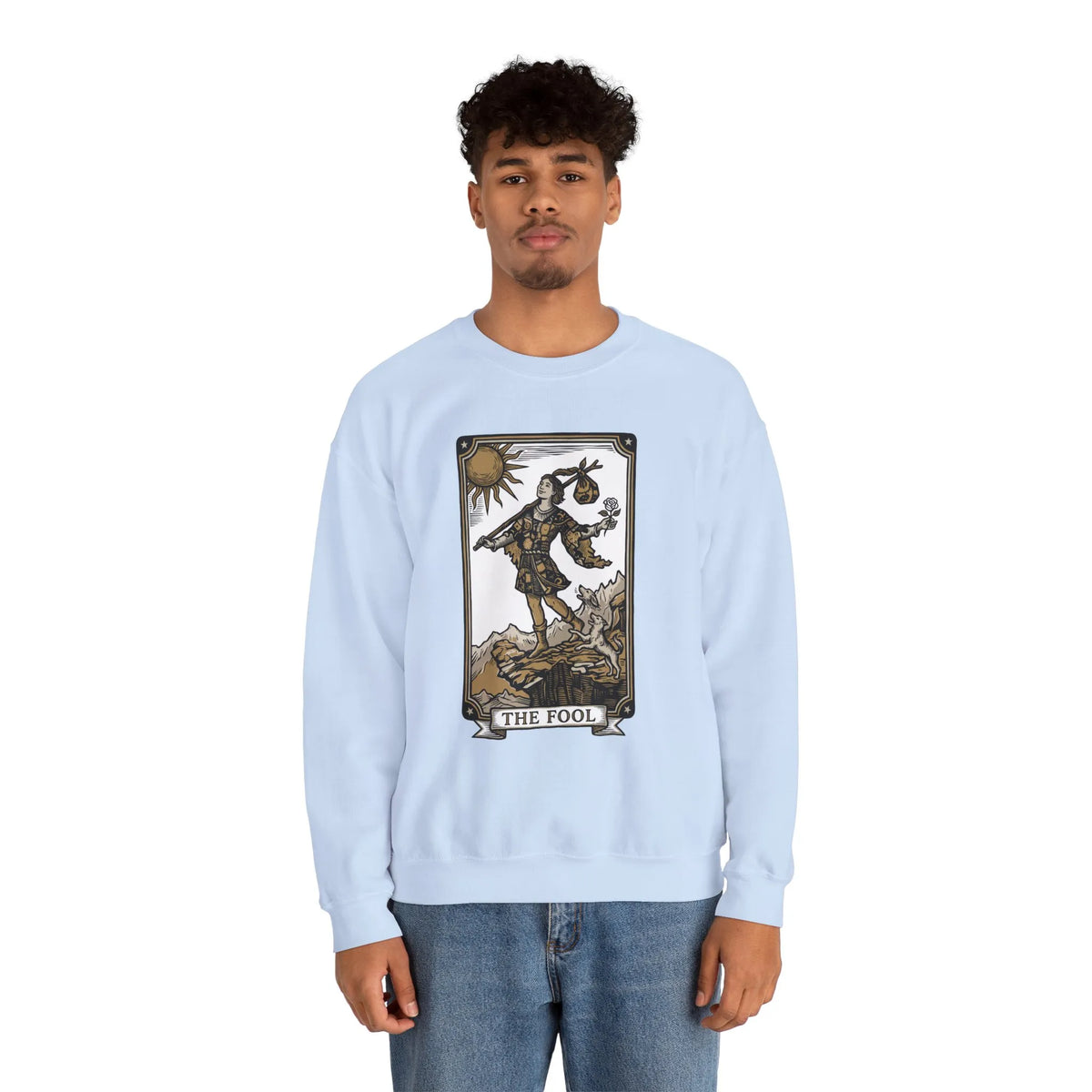 The Fool Tarot Card Graphic Sweatshirt - Heavy Blend Crewneck Fleece - Unisex White