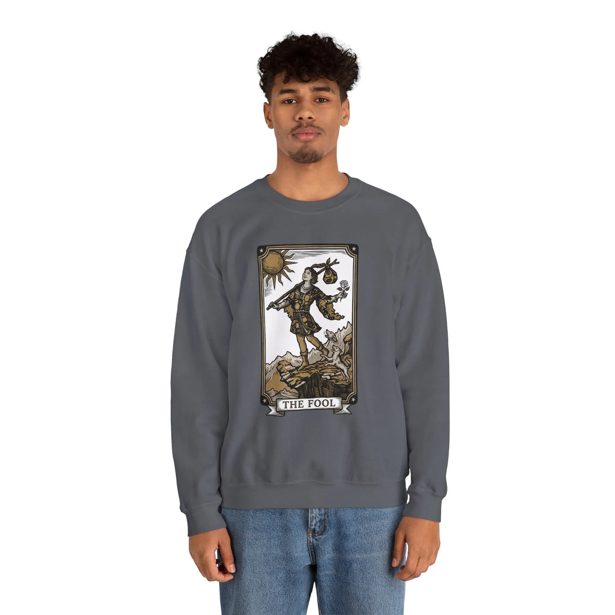 The Fool Tarot Card Graphic Sweatshirt - Heavy Blend Crewneck Fleece - Unisex White