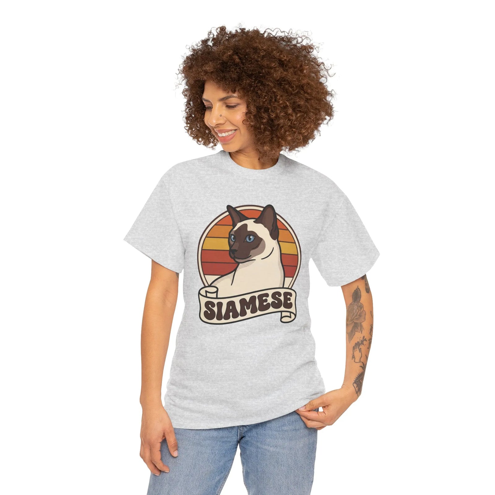 Siamese Cat Retro 70s Sunset T-Shirt - Heavy Cotton Classic Fit Tee - Unisex White