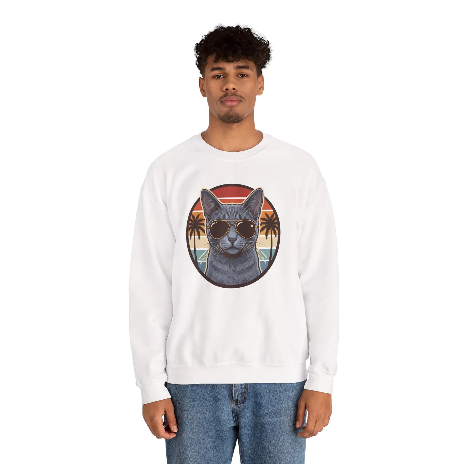 Russian Blue Cat Aviator Sunglasses Sweatshirt - Heavy Blend Fleece Crewneck - Unisex White