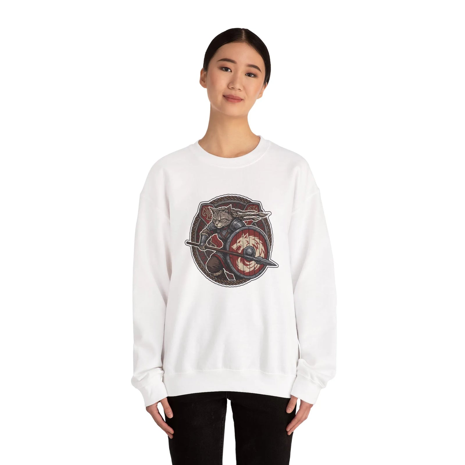 Shieldmaiden Viking Berserker Cats Sweatshirt - Heavy Blend Fleece Crewneck - Unisex White