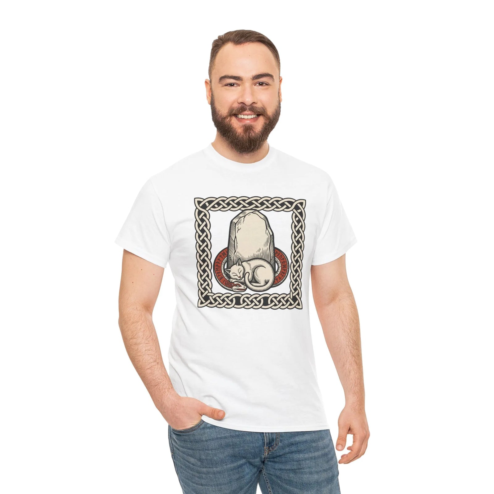 Freyja's Sacred Cat Runestone T-Shirt - Heavy Cotton Classic Fit Tee - Unisex White