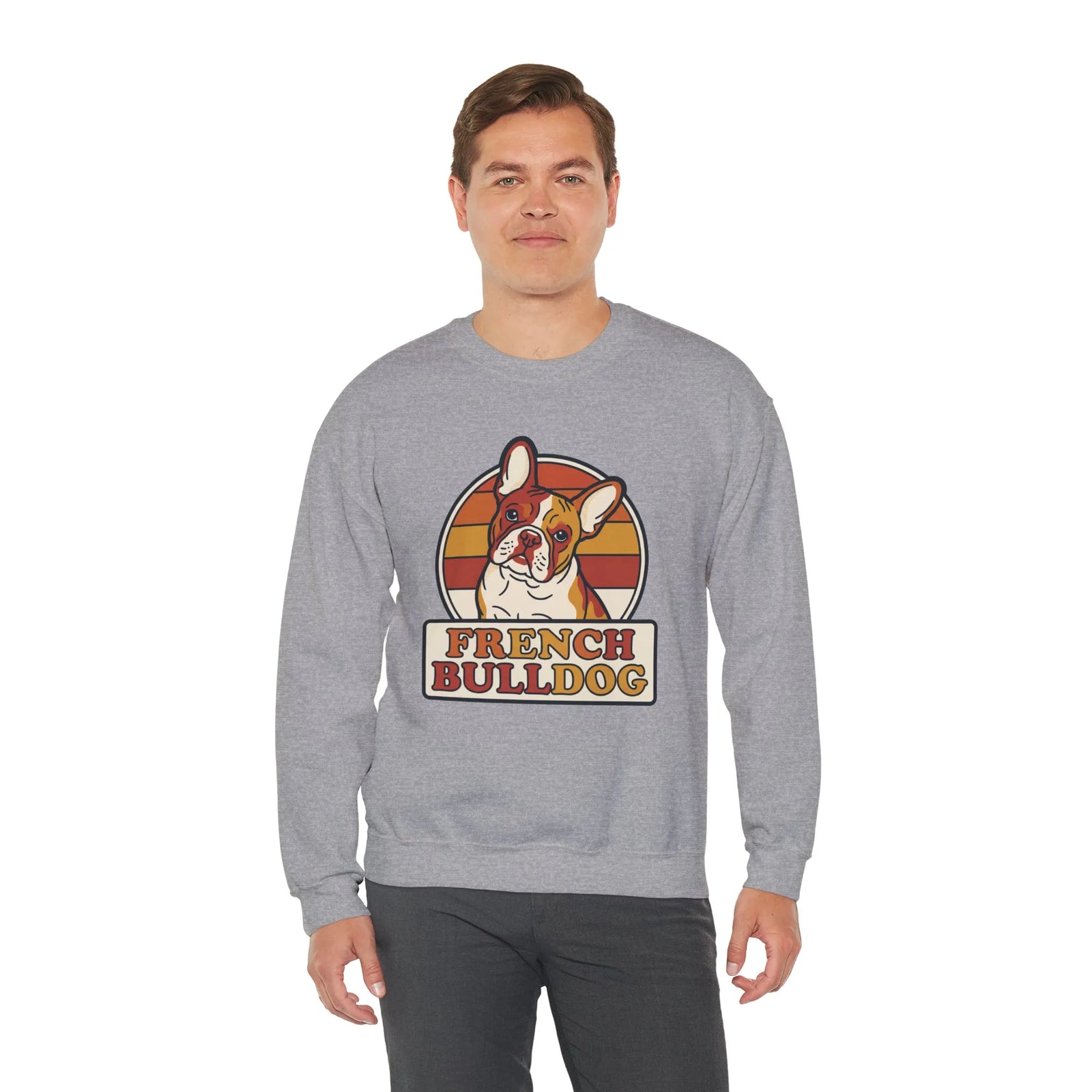French Bulldog Retro Sunset Sweatshirt - Heavy Blend Classic Fit Crewneck - Unisex White