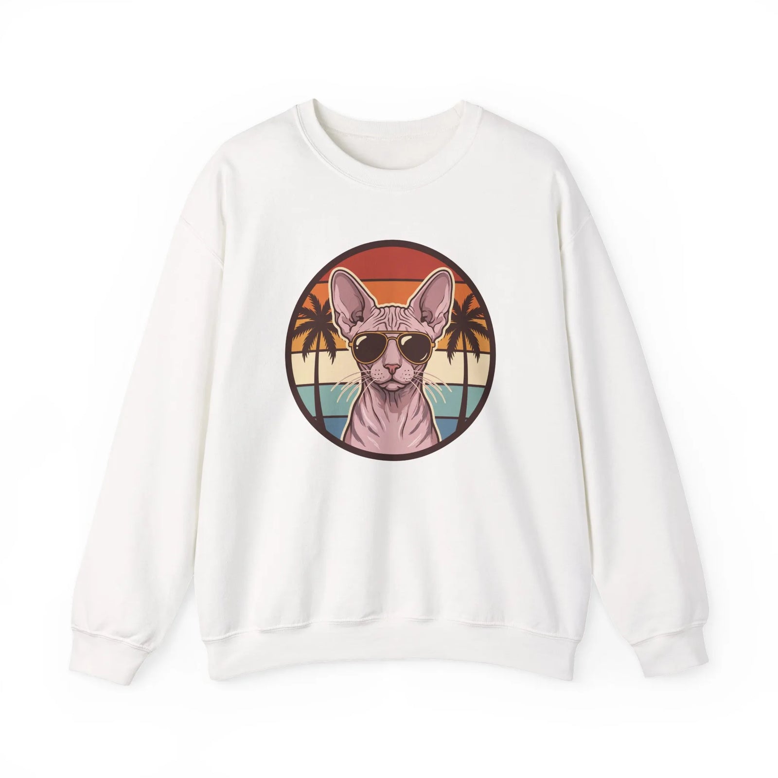 Sphynx Cat 70s Sunset Aviator Sweatshirt - Heavyweight Cotton Blend Crewneck - Unisex White