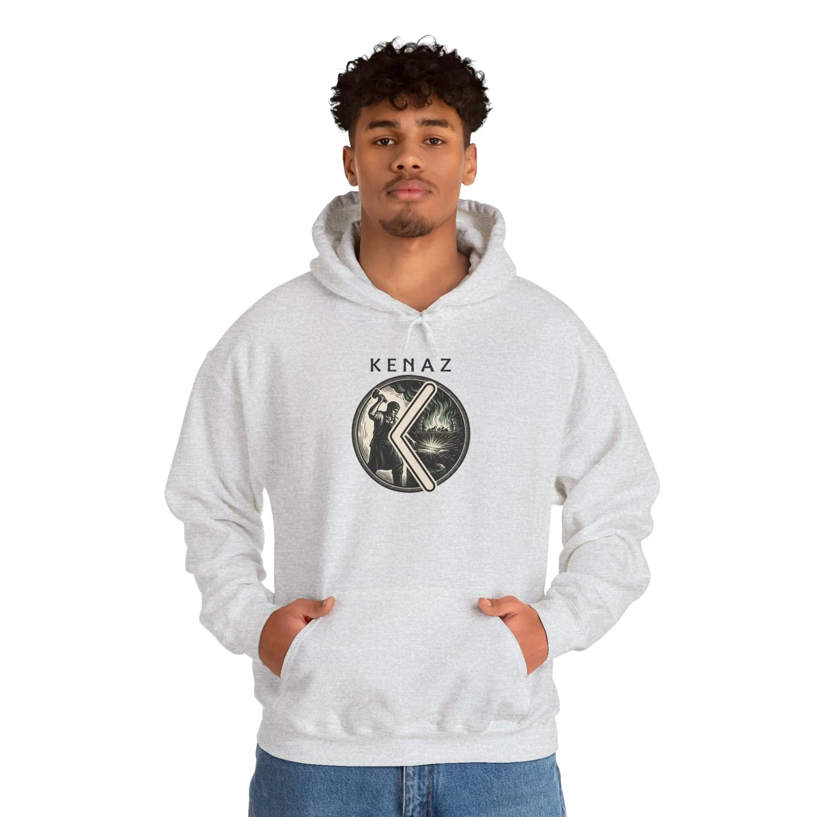 Kenaz Rune Forge Blacksmith Hoodie - Heavy Blend Fleece Pullover - Unisex Off White